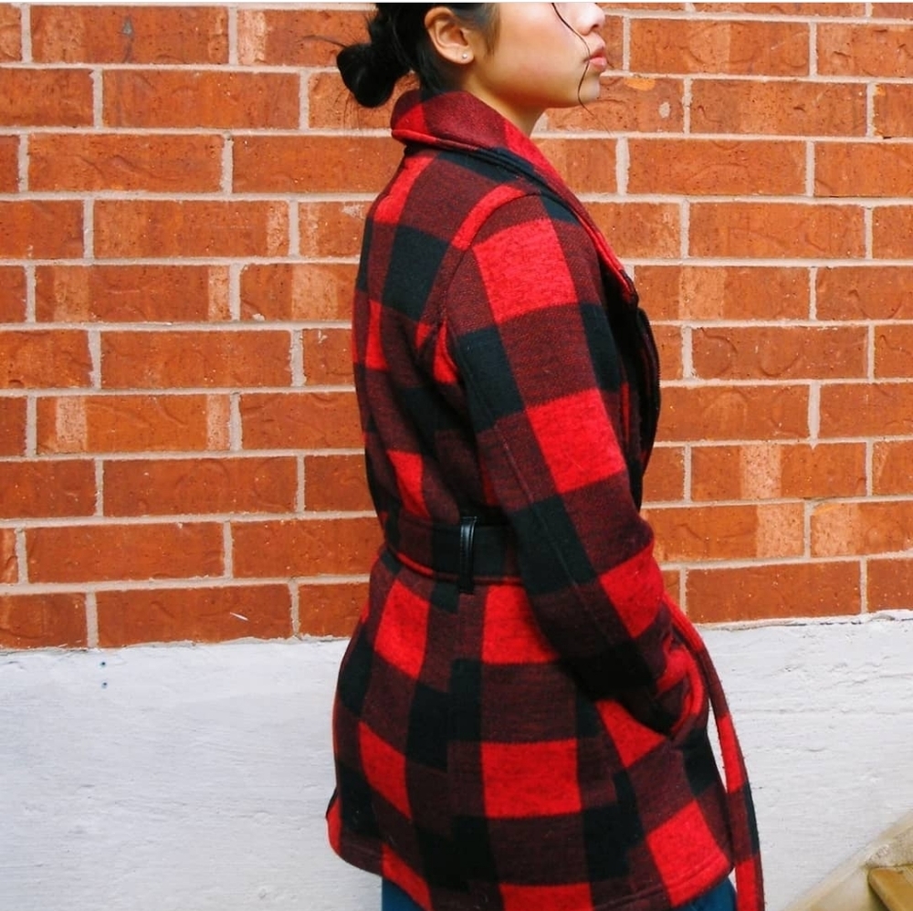 MADDEN Red Plaid Belted Trench Coat